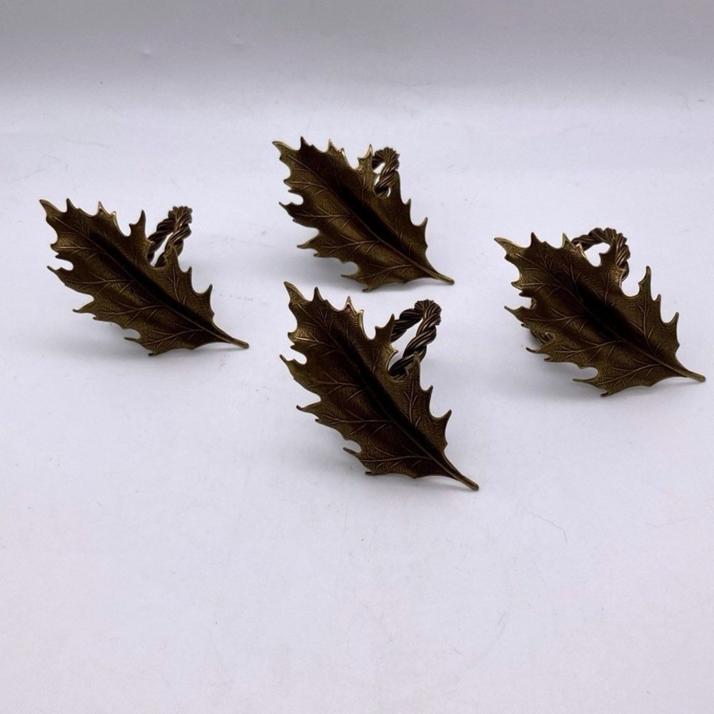 Vintage Holly Leaf Napkin Rings Set Of 4 Christmas Holiday Bronze Gold Tone